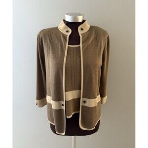 Ming Wang 2 Piece Cardigan & Sleeveless Tank Set Size S Brown Tan Old Money